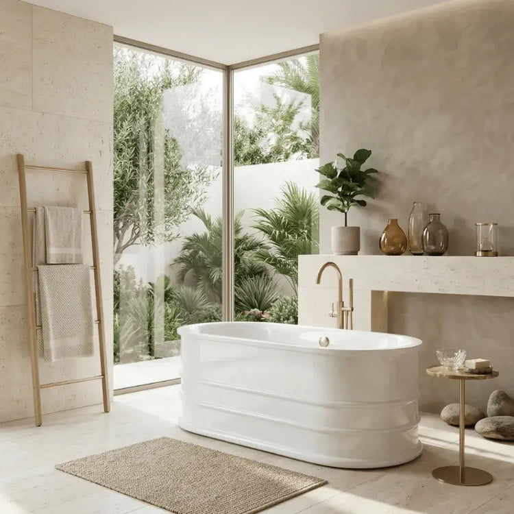 Beautiful bathroom setting showcasing bath and self-care products, featuring a modern tub and natural decor.