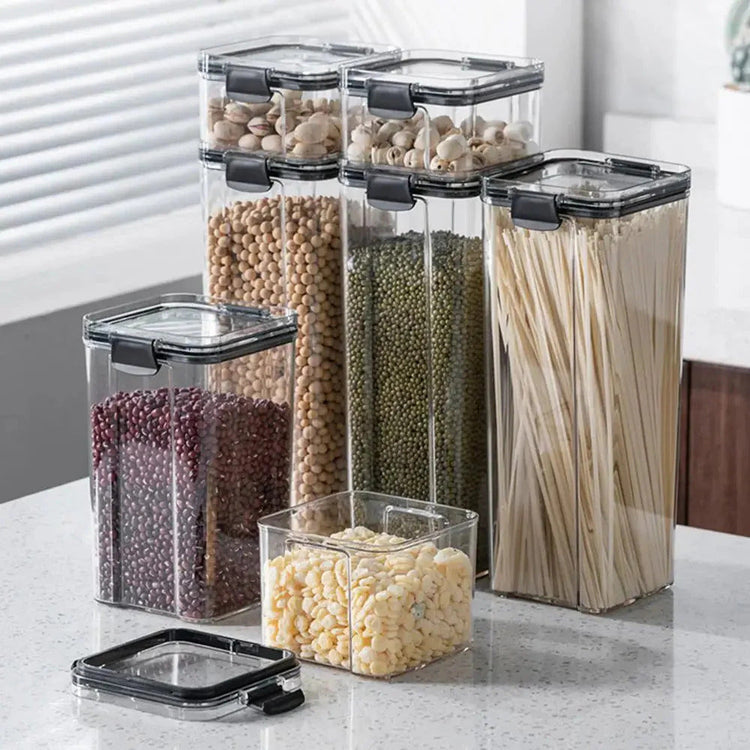 Clear stackable food containers for home storage solutions, perfect for organizing pantry ingredients.