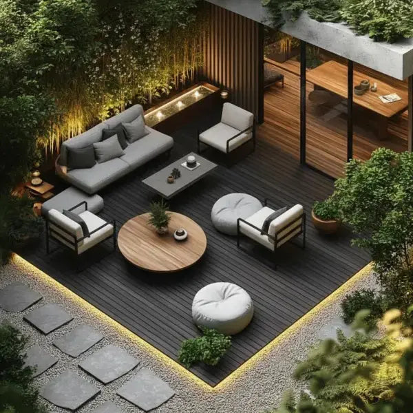 Outdoor garden essentials featuring a stylish patio area with seating and lighting.