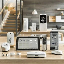 A collection of smart home devices and gadgets arranged on a table, showcasing modern technology.