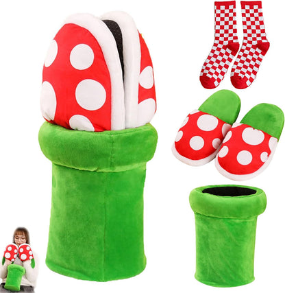 Piranha Plant Slippers with Pipe Pot Holder – Soft Flannel, One Size Fits Most – Slippers from Comfy Lifestyle