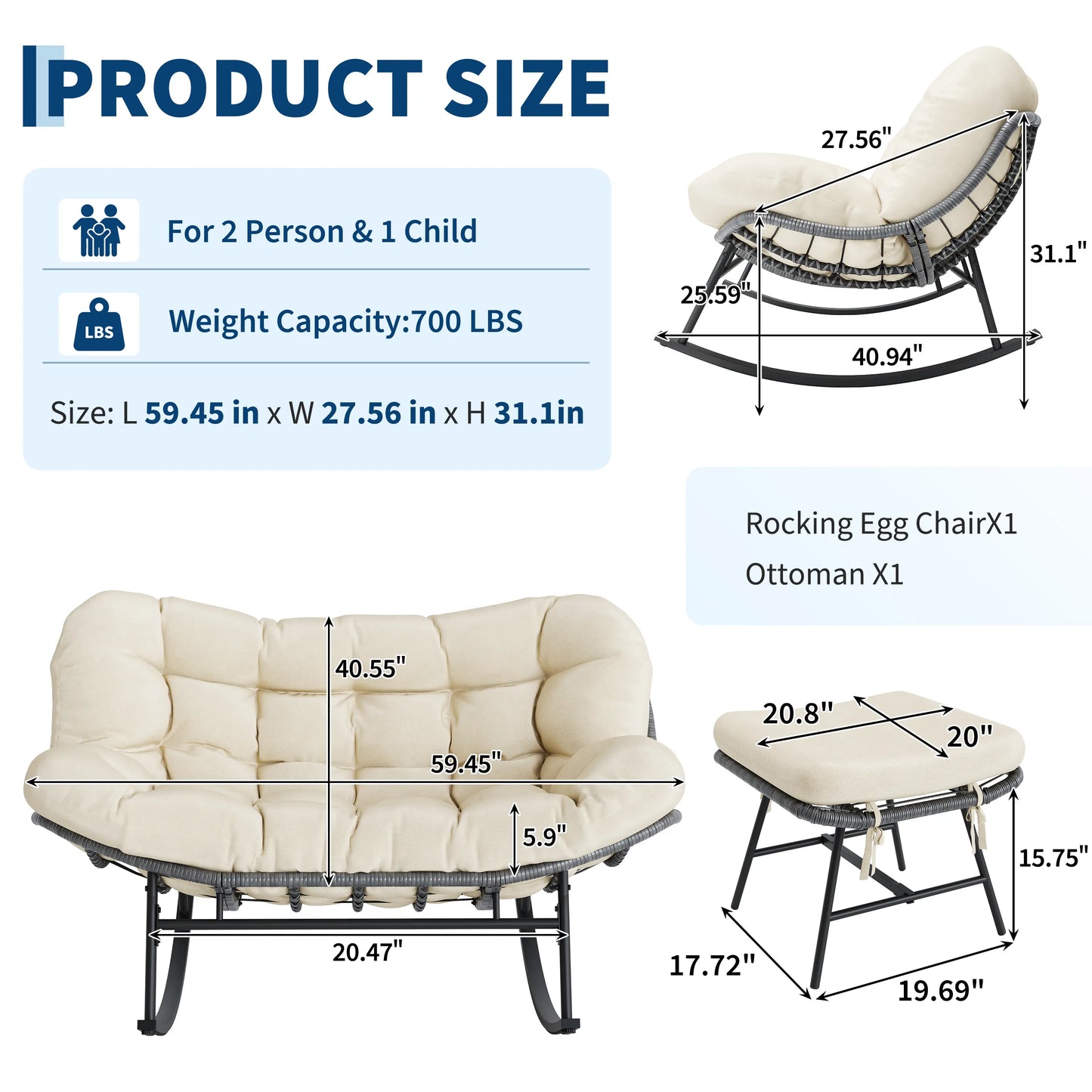 Outdoor Double Rocking Chair Set – With Ottoman & Cushions, Holds 700 lbs – Rocking Chairs from Comfy Lifestyle