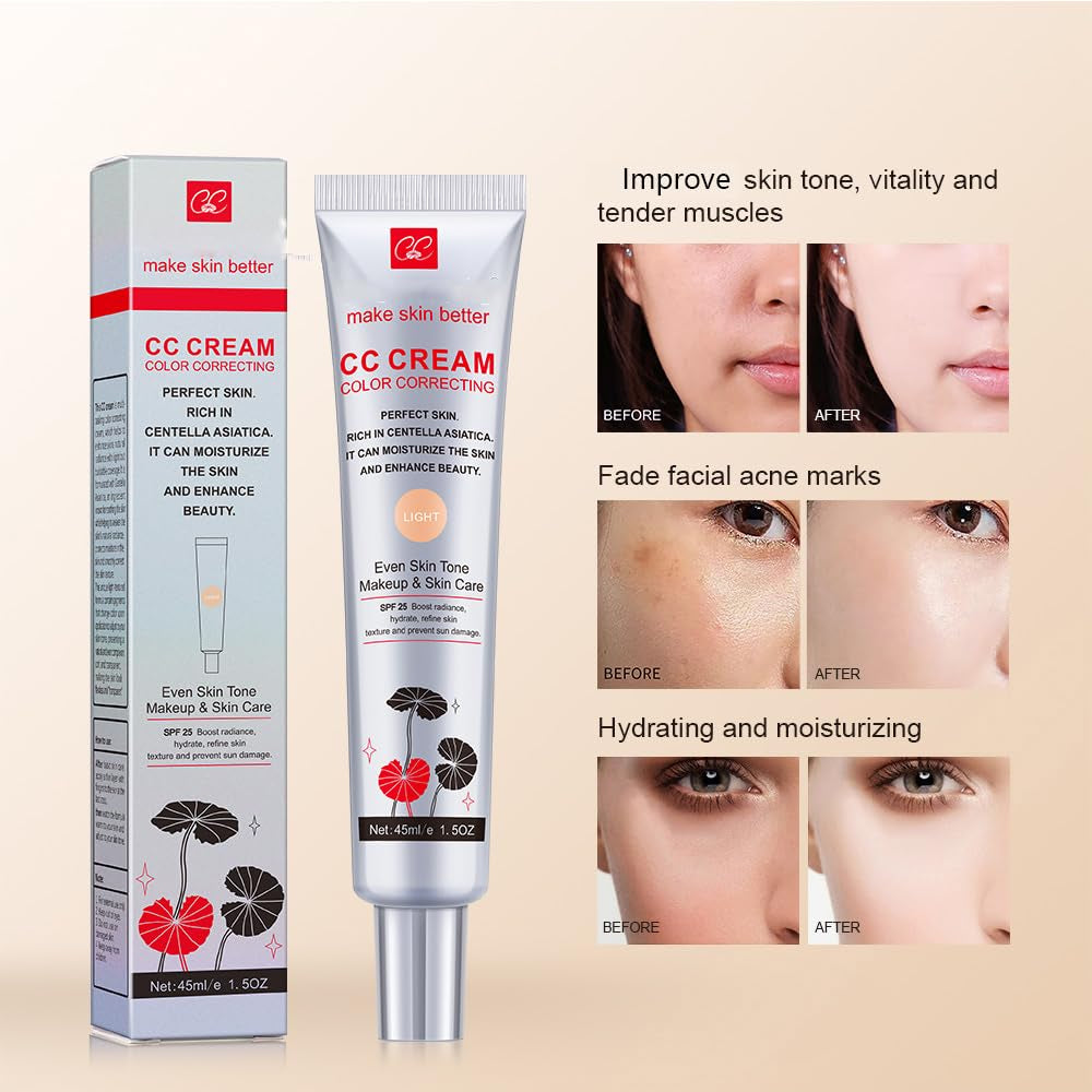 Color Correcting CC Cream with SPF 25, Coverage Lightweight Foundation, Hydrating Serum, Even Skin Tone Makeup and Skin Care, Boost Radiance, Refine Skin Texture, Avoid Sun Damage (Lightlight, 1PCS)