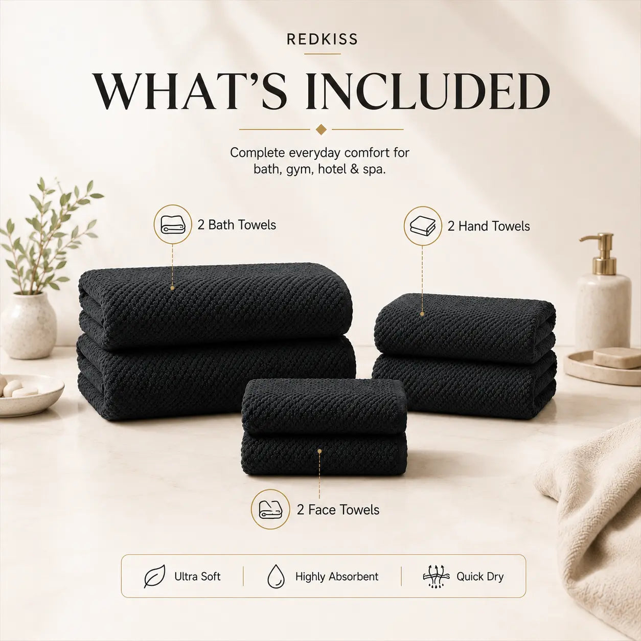 REDKISS 6-Piece Black Towel Set – Ultra-Soft Microfiber, Quick-Dry, Lint-Free – Bath Towels & Washcloths from Comfy Lifestyle