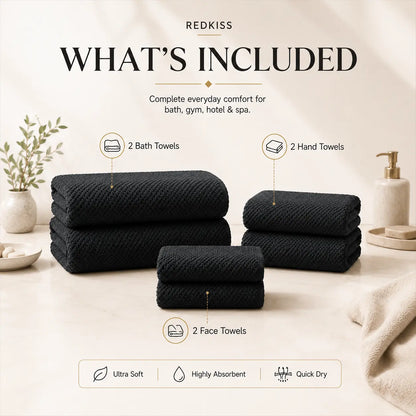 REDKISS 6-Piece Black Towel Set – Ultra-Soft Microfiber, Quick-Dry, Lint-Free – Bath Towels & Washcloths from Comfy Lifestyle