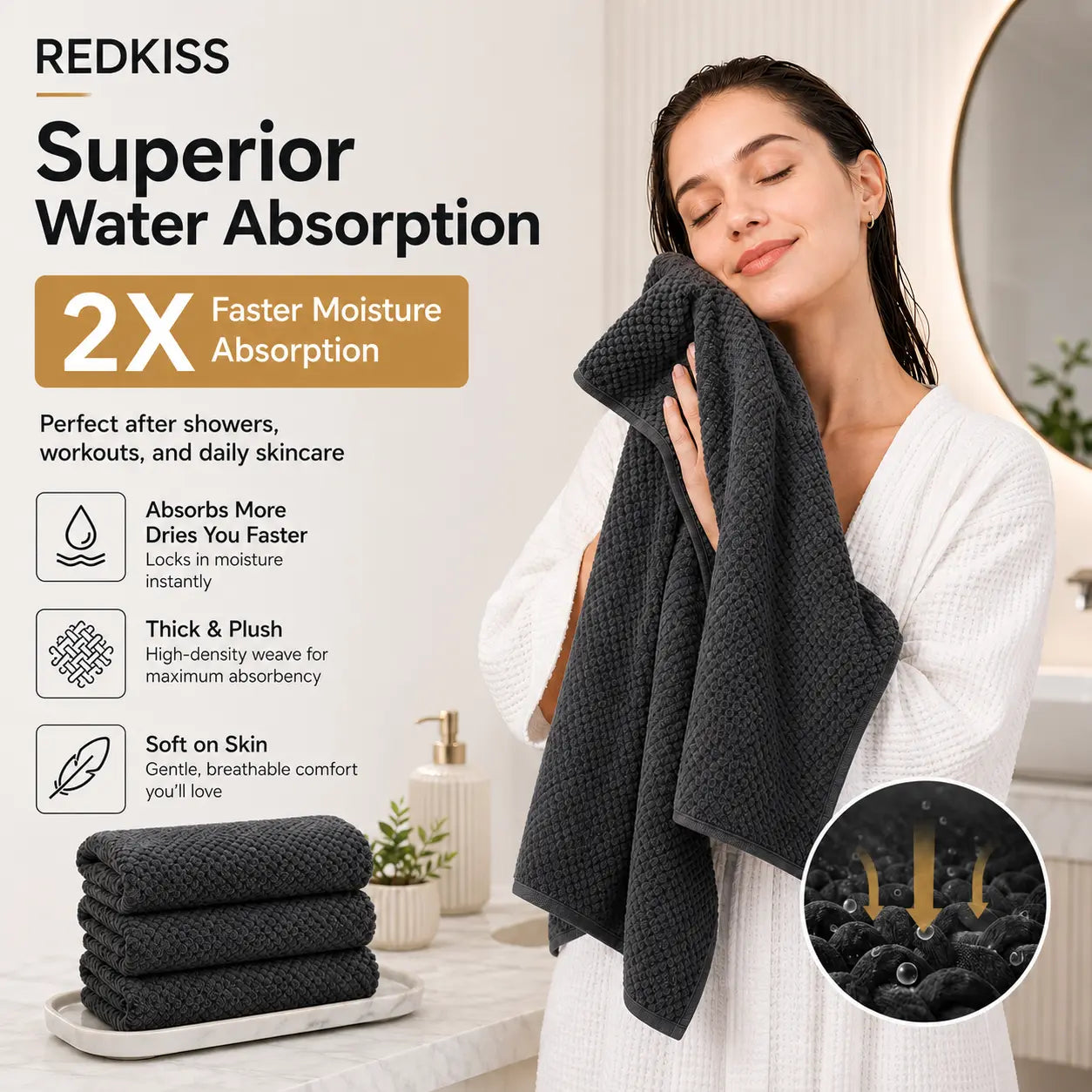 REDKISS 6-Piece Black Towel Set – Ultra-Soft Microfiber, Quick-Dry, Lint-Free – Bath Towels & Washcloths from Comfy Lifestyle