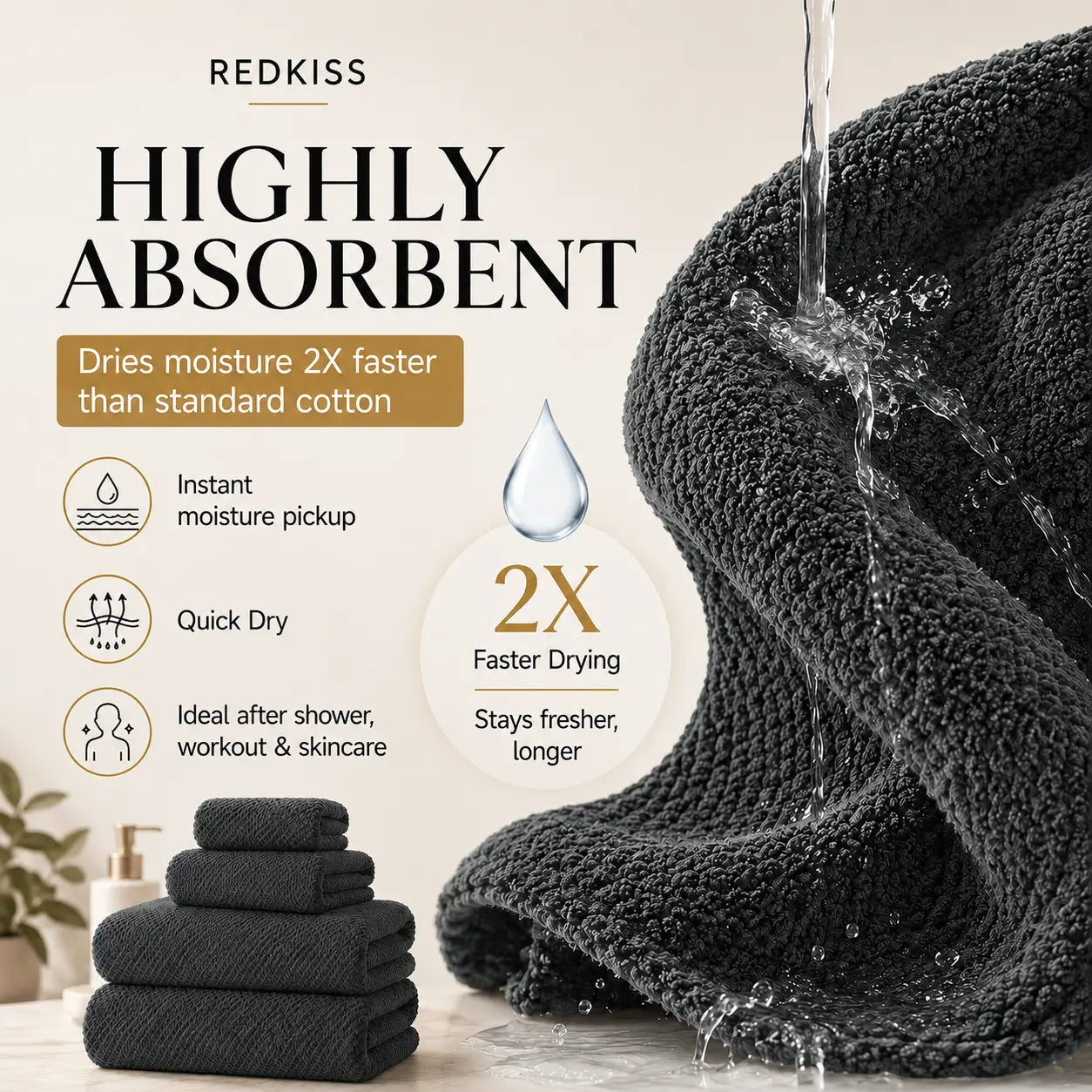 REDKISS 6-Piece Black Towel Set – Ultra-Soft Microfiber, Quick-Dry, Lint-Free – Bath Towels & Washcloths from Comfy Lifestyle