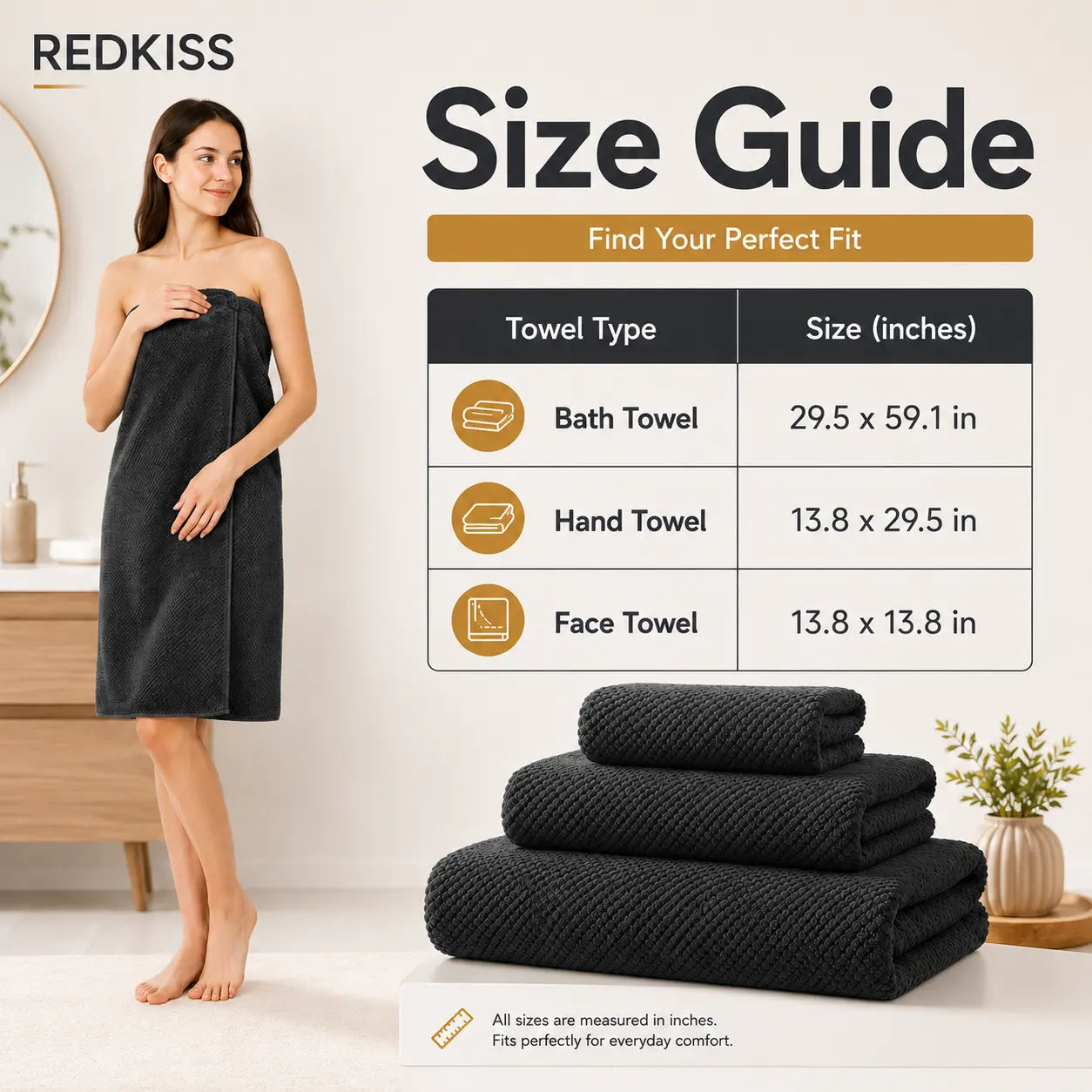 REDKISS 6-Piece Black Towel Set – Ultra-Soft Microfiber, Quick-Dry, Lint-Free – Bath Towels & Washcloths from Comfy Lifestyle