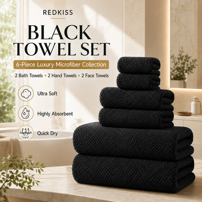 REDKISS 6-Piece Black Towel Set – Ultra-Soft Microfiber, Quick-Dry, Lint-Free – Bath Towels & Washcloths from Comfy Lifestyle