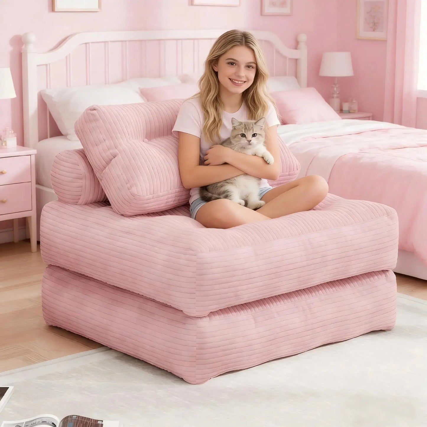 【Sweet Sofa Bed!!!】Folding Sofa Bed with Headrest & Pillow – Convertible Sleeper Chair for Small Spaces (Pink, Gray, Beige) – Sofa Beds from Comfy Lifestyle