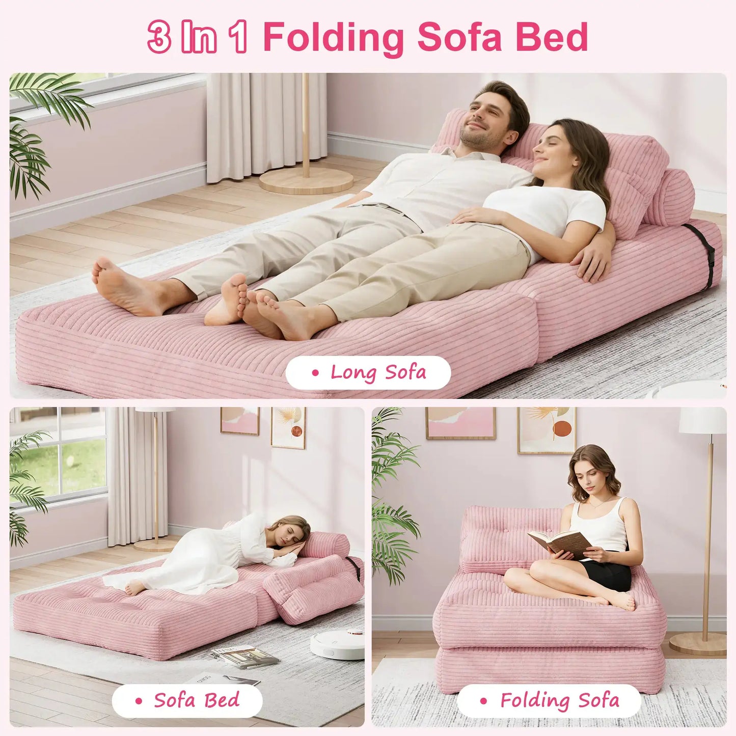 【Sweet Sofa Bed!!!】Folding Sofa Bed with Headrest & Pillow – Convertible Sleeper Chair for Small Spaces (Pink, Gray, Beige) – Sofa Beds from Comfy Lifestyle