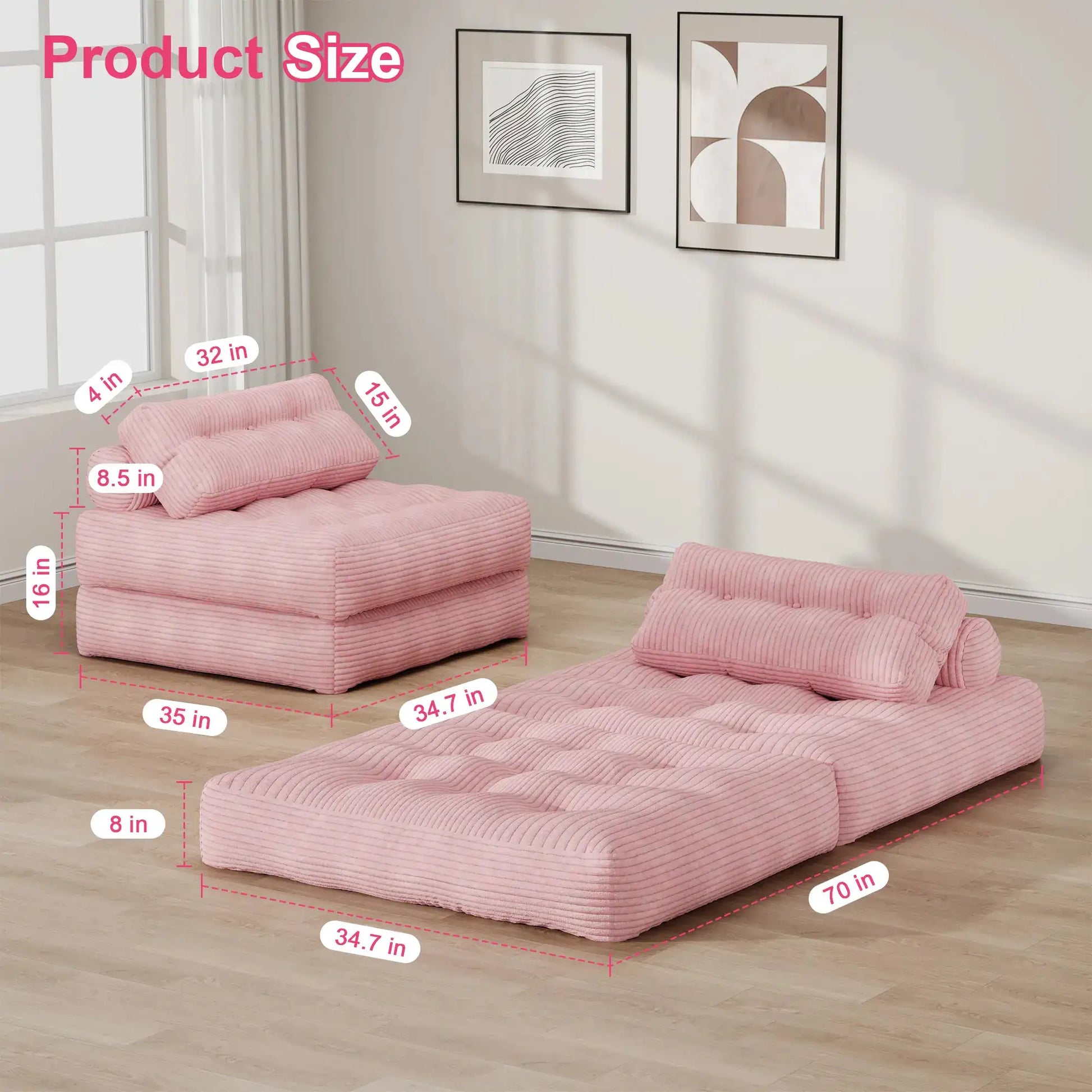 【Sweet Sofa Bed!!!】Folding Sofa Bed with Headrest & Pillow – Convertible Sleeper Chair for Small Spaces (Pink, Gray, Beige) – Sofa Beds from Comfy Lifestyle