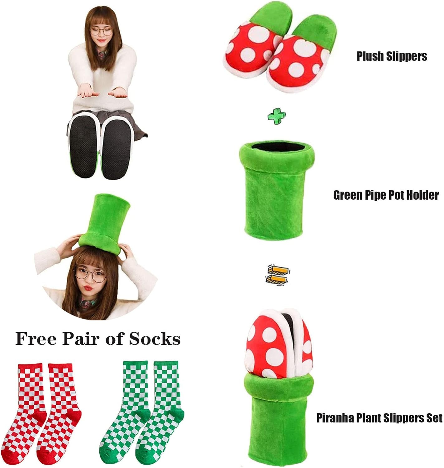 Piranha Plant Slippers with Pipe Pot Holder – Soft Flannel, One Size Fits Most – Slippers from Comfy Lifestyle