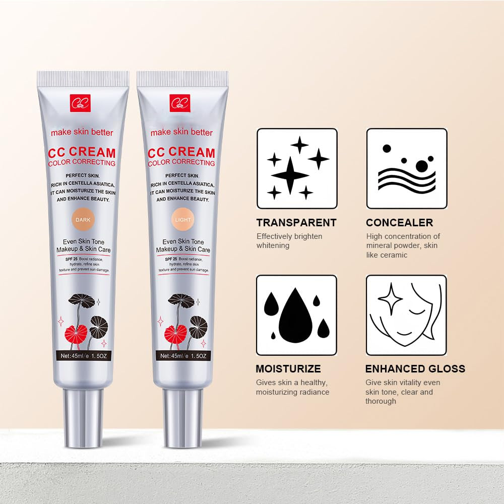 Color Correcting CC Cream with SPF 25, Coverage Lightweight Foundation, Hydrating Serum, Even Skin Tone Makeup and Skin Care, Boost Radiance, Refine Skin Texture, Avoid Sun Damage (Lightlight, 1PCS)