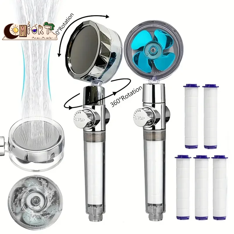 360° Rotating Turbine Fan Handheld Shower Head High Pressure Water Saving Spray Shower Filter Bathroom Accessories