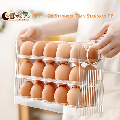 Egg Holder for Fridge, Holds 30 Eggs, 3-Tier Stackable Egg Organizer for Refrigerator with Date Tracker & One-Hand Access, Bpa-Free PET Egg Storage Container for Countertop or Fridge, Clear