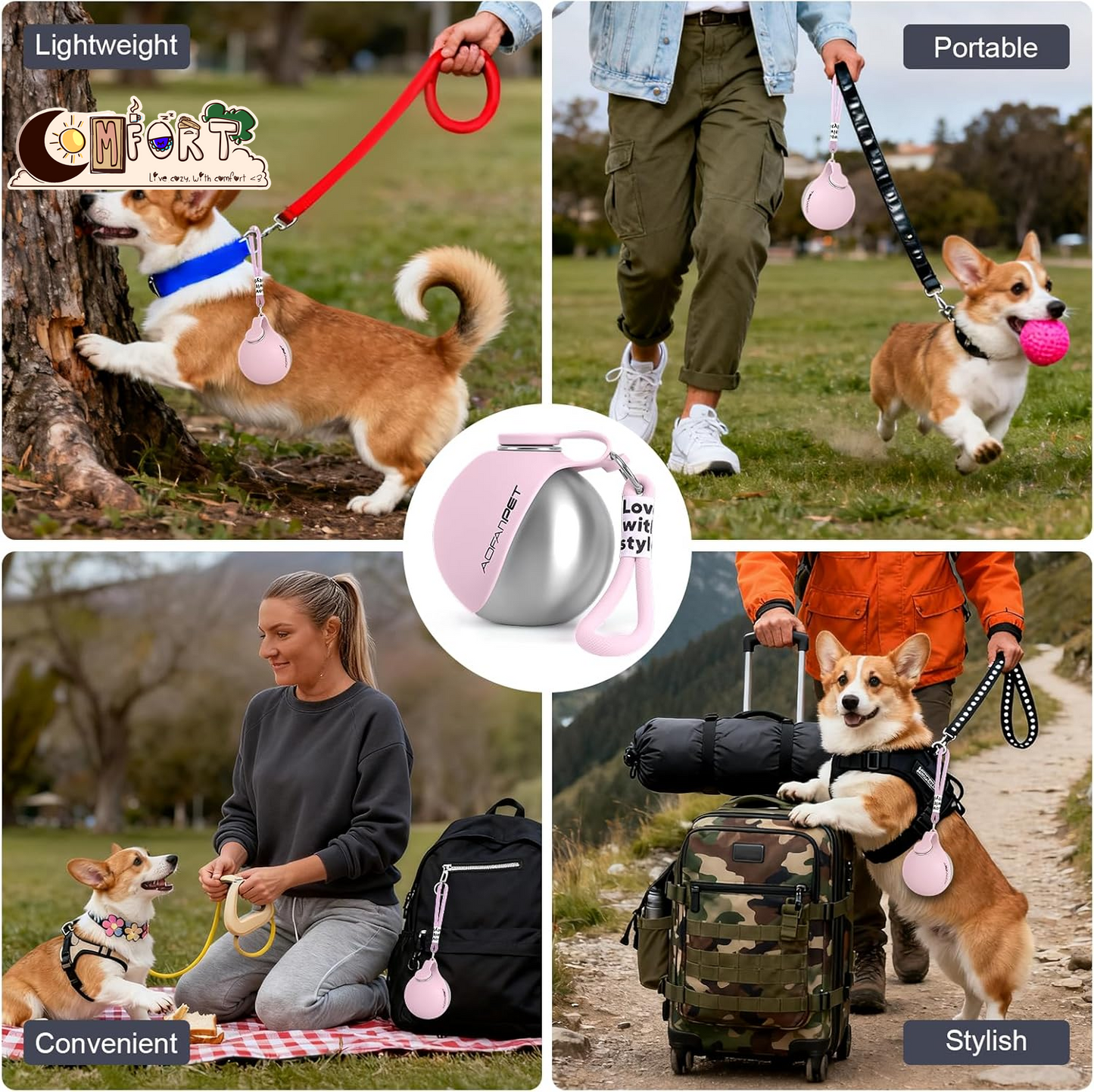 Portable Dog Water Bottle 10Oz Stainless Steel Travel Dog Water Dispenser with Bowl No-Spill Puppy Water Bottle for Walking Hiking Small Dog Water Bottle