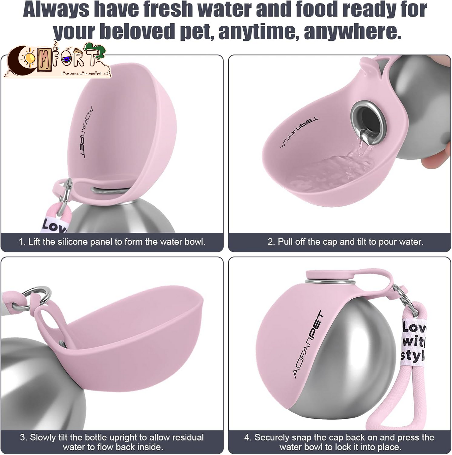 Portable Dog Water Bottle 10Oz Stainless Steel Travel Dog Water Dispenser with Bowl No-Spill Puppy Water Bottle for Walking Hiking Small Dog Water Bottle