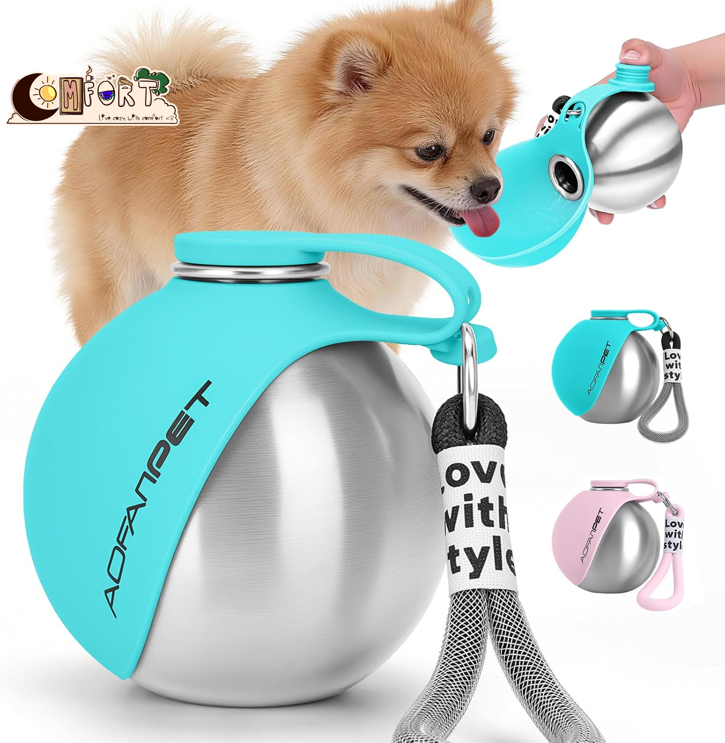 Portable Dog Water Bottle 10Oz Stainless Steel Travel Dog Water Dispenser with Bowl No-Spill Puppy Water Bottle for Walking Hiking Small Dog Water Bottle