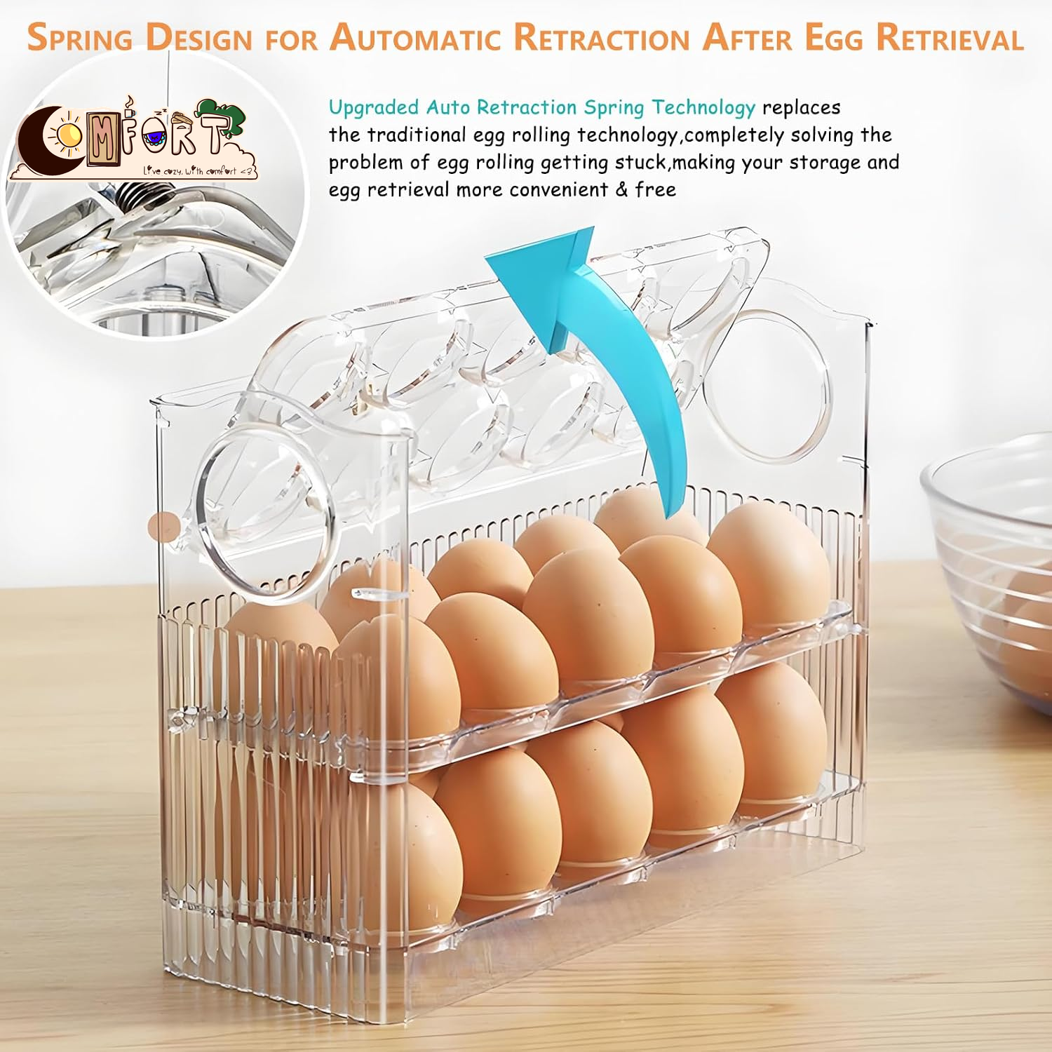 Egg Holder for Fridge, Holds 30 Eggs, 3-Tier Stackable Egg Organizer for Refrigerator with Date Tracker & One-Hand Access, Bpa-Free PET Egg Storage Container for Countertop or Fridge, Clear