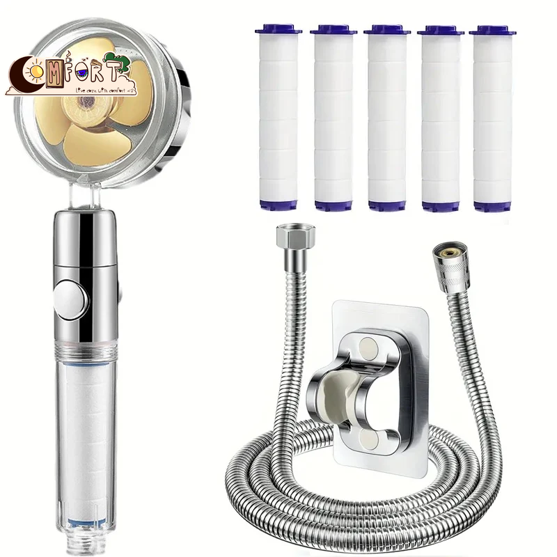 360° Rotating Turbine Fan Handheld Shower Head High Pressure Water Saving Spray Shower Filter Bathroom Accessories