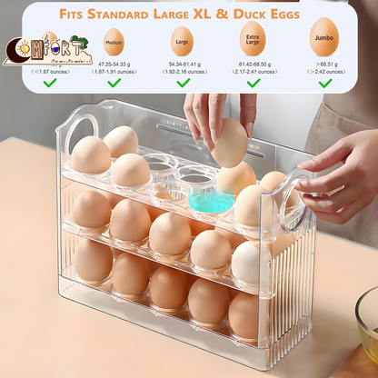 Egg Holder for Fridge, Holds 30 Eggs, 3-Tier Stackable Egg Organizer for Refrigerator with Date Tracker & One-Hand Access, Bpa-Free PET Egg Storage Container for Countertop or Fridge, Clear
