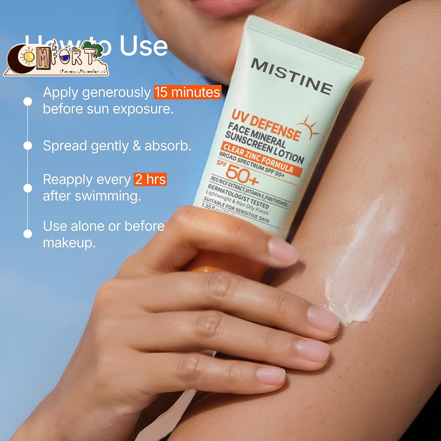 MISTINE Mineral Sunscreen Lotion SPF 50+, 17.88% Zinc Oxide Lightweight Non Oily Finish Korean Sunscreen for Sensitive Skin, Fragrance Free, Non Comedogenic, Reef Safe, Travel Size-1.35 Fl Oz/40Ml