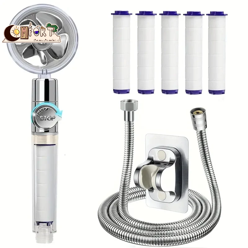 360° Rotating Turbine Fan Handheld Shower Head High Pressure Water Saving Spray Shower Filter Bathroom Accessories