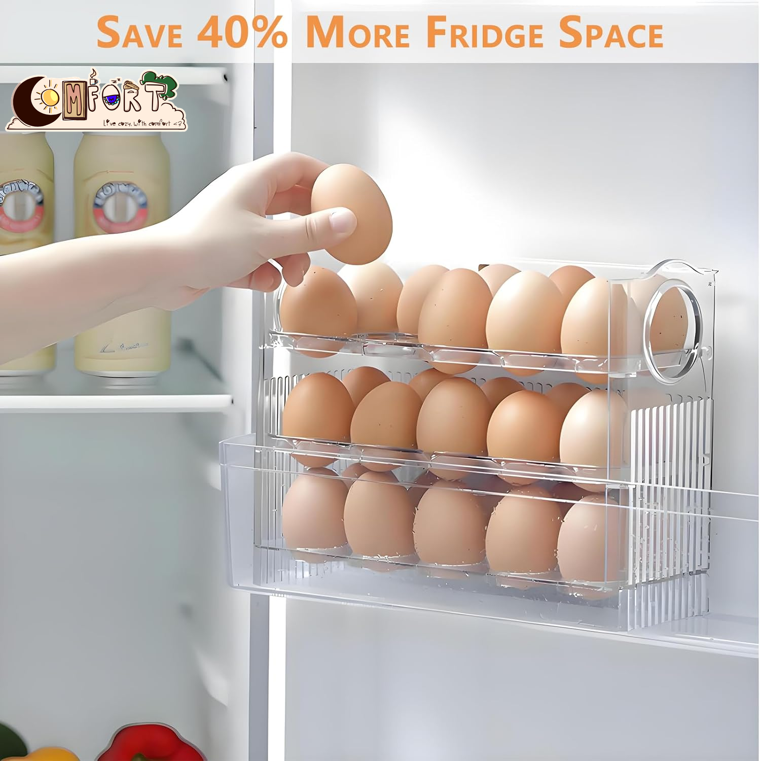Egg Holder for Fridge, Holds 30 Eggs, 3-Tier Stackable Egg Organizer for Refrigerator with Date Tracker & One-Hand Access, Bpa-Free PET Egg Storage Container for Countertop or Fridge, Clear
