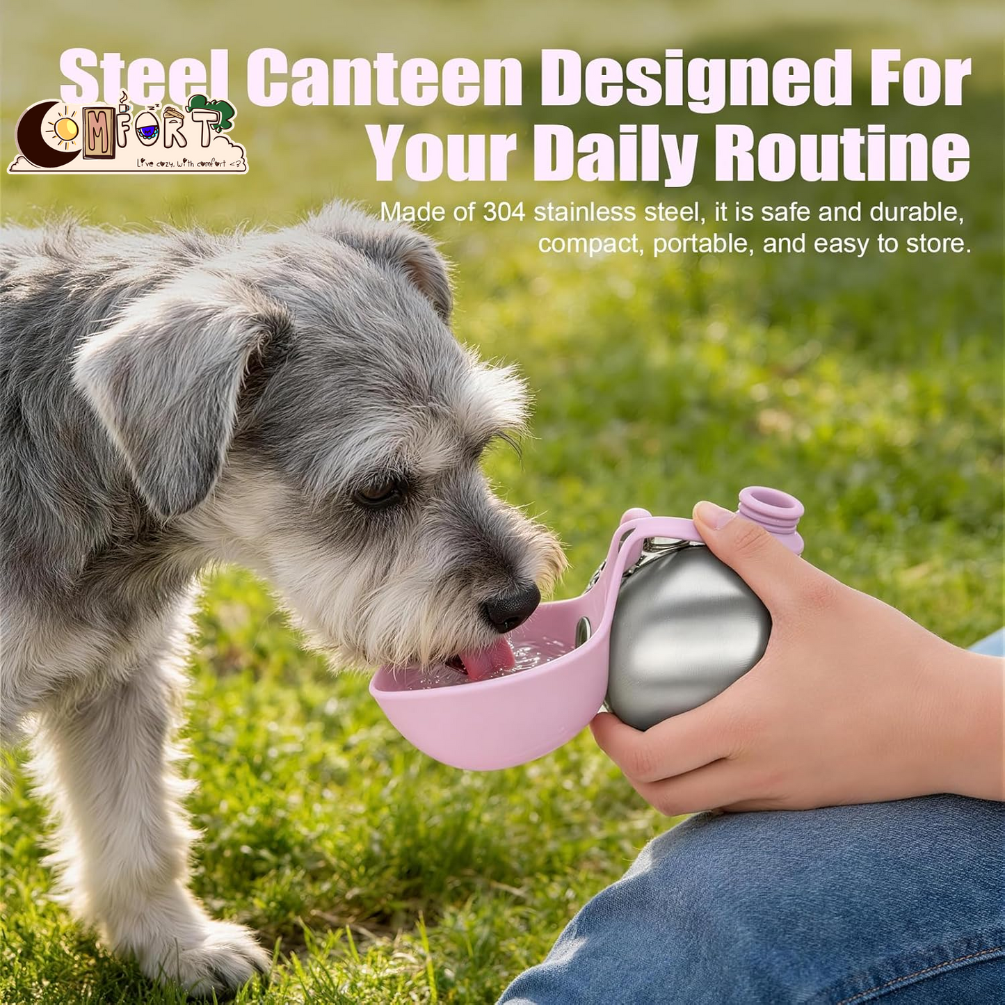 Portable Dog Water Bottle 10Oz Stainless Steel Travel Dog Water Dispenser with Bowl No-Spill Puppy Water Bottle for Walking Hiking Small Dog Water Bottle