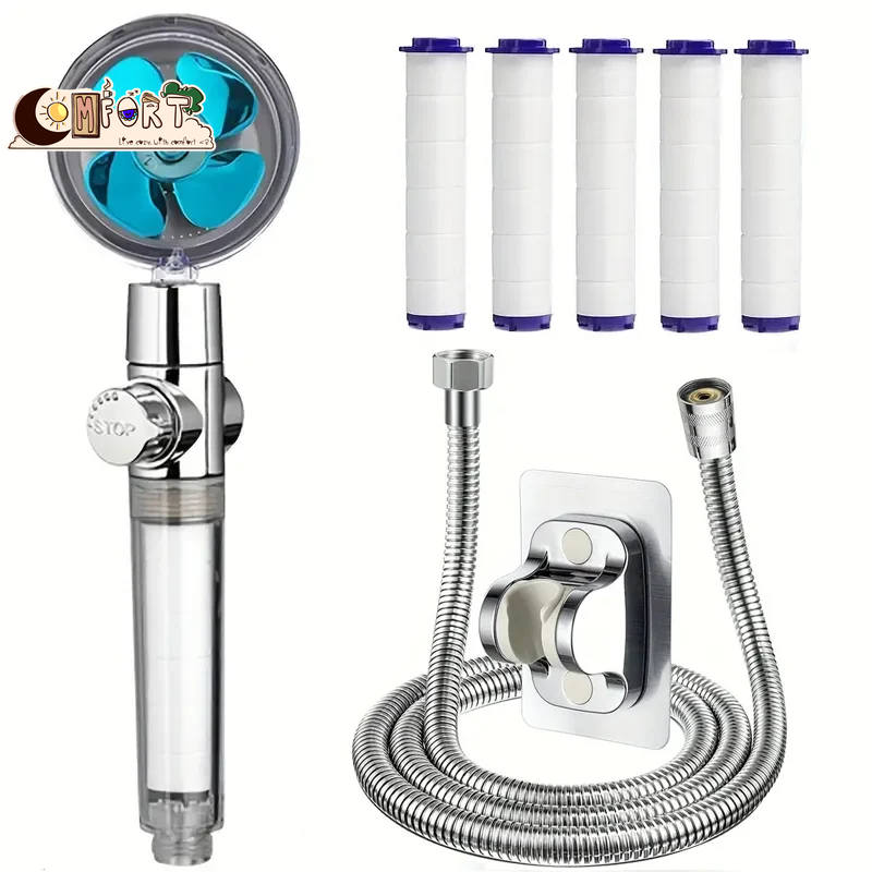 360° Rotating Turbine Fan Handheld Shower Head High Pressure Water Saving Spray Shower Filter Bathroom Accessories