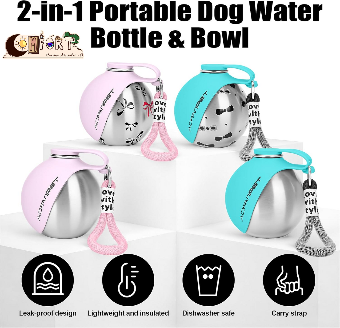 Portable Dog Water Bottle 10Oz Stainless Steel Travel Dog Water Dispenser with Bowl No-Spill Puppy Water Bottle for Walking Hiking Small Dog Water Bottle