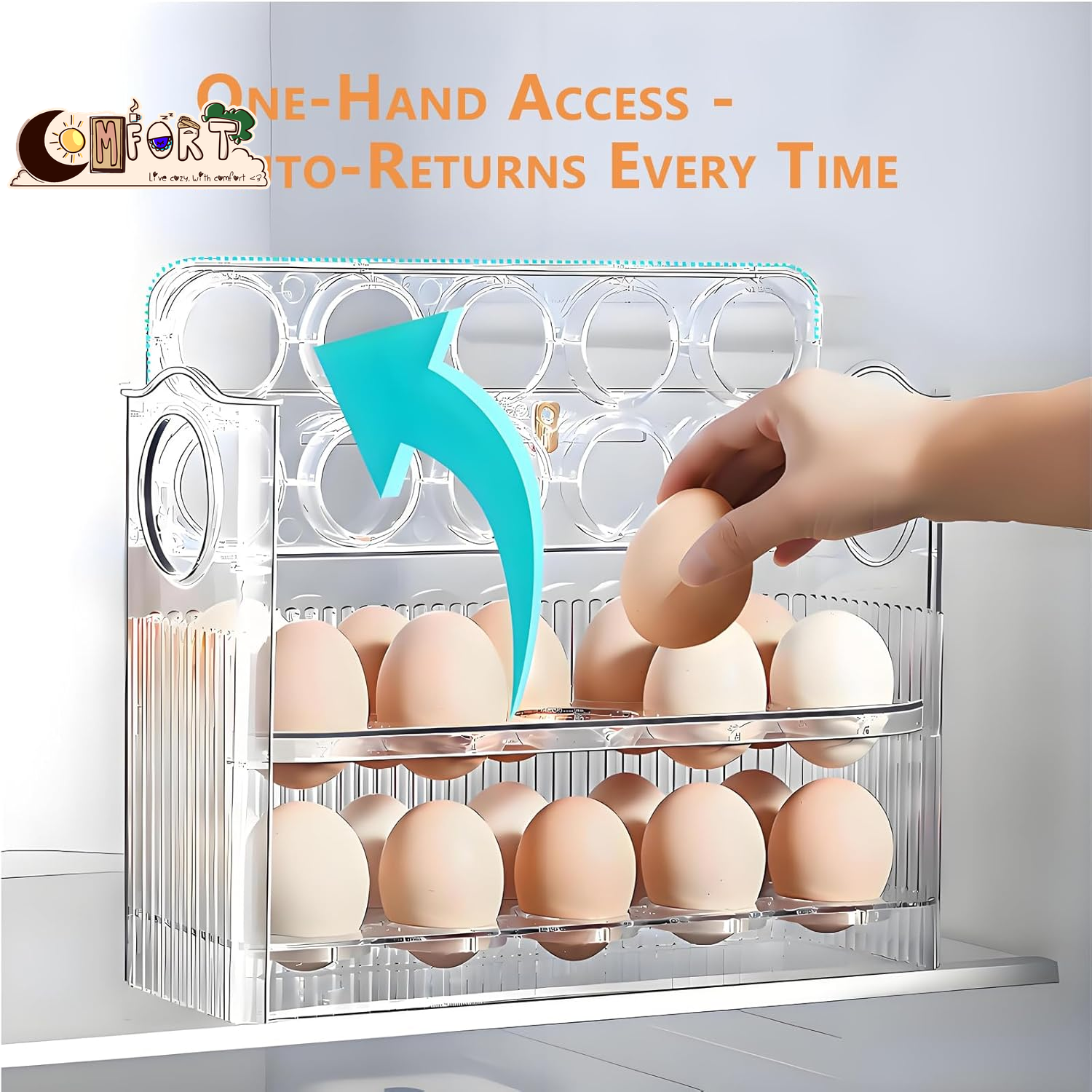 Egg Holder for Fridge, Holds 30 Eggs, 3-Tier Stackable Egg Organizer for Refrigerator with Date Tracker & One-Hand Access, Bpa-Free PET Egg Storage Container for Countertop or Fridge, Clear