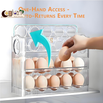 Egg Holder for Fridge, Holds 30 Eggs, 3-Tier Stackable Egg Organizer for Refrigerator with Date Tracker & One-Hand Access, Bpa-Free PET Egg Storage Container for Countertop or Fridge, Clear