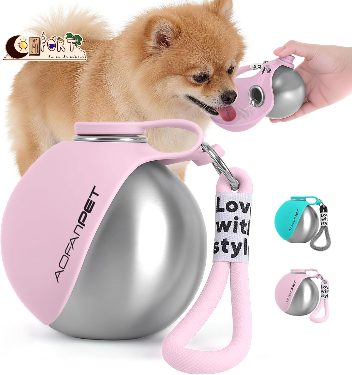 Portable Dog Water Bottle 10Oz Stainless Steel Travel Dog Water Dispenser with Bowl No-Spill Puppy Water Bottle for Walking Hiking Small Dog Water Bottle