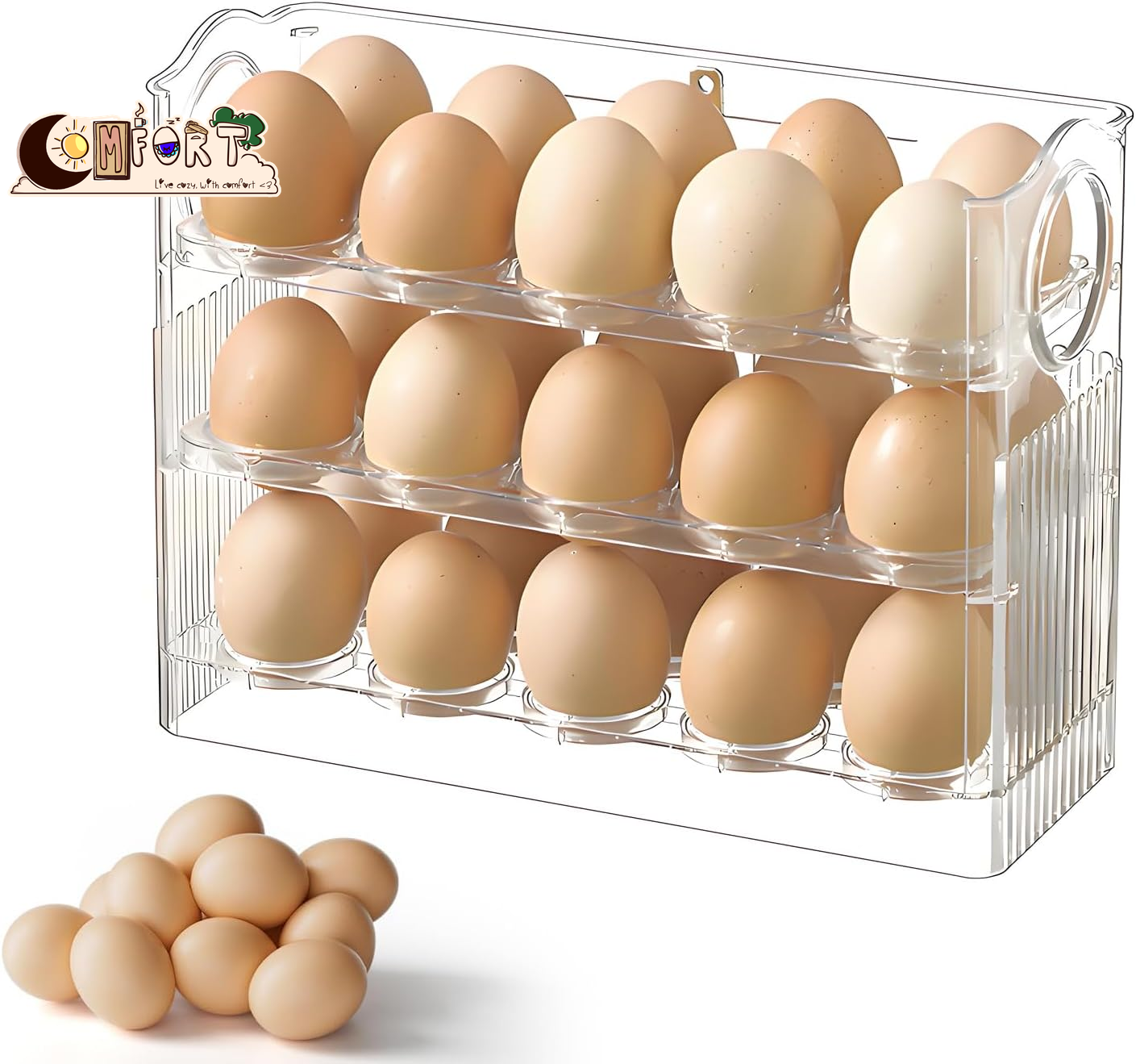 Egg Holder for Fridge, Holds 30 Eggs, 3-Tier Stackable Egg Organizer for Refrigerator with Date Tracker & One-Hand Access, Bpa-Free PET Egg Storage Container for Countertop or Fridge, Clear