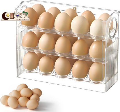 Egg Holder for Fridge, Holds 30 Eggs, 3-Tier Stackable Egg Organizer for Refrigerator with Date Tracker & One-Hand Access, Bpa-Free PET Egg Storage Container for Countertop or Fridge, Clear