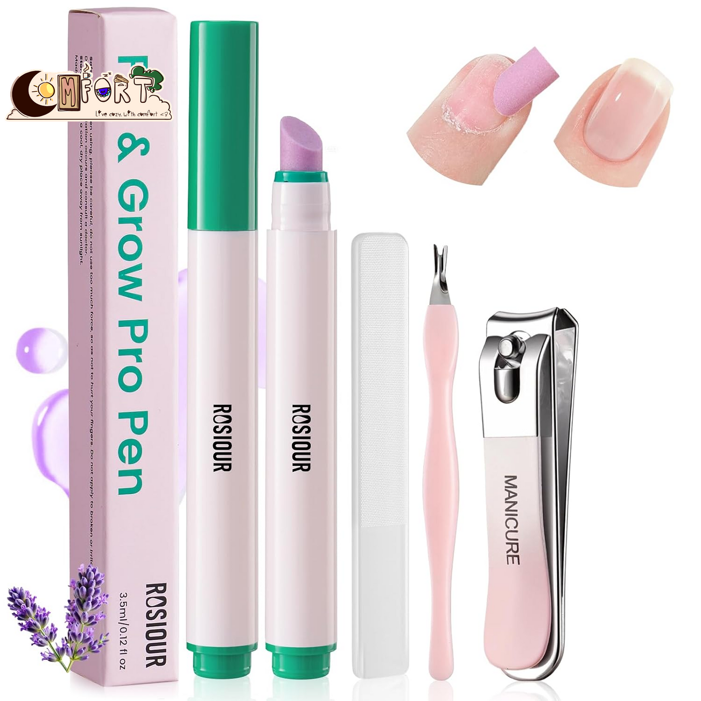 Cuticle Pusher Oil Pen for Nails, 3 in 1 Ceramic Cuticle Remover Care Kits | Nail Care Tool with Nail Clipper, Lavender, Jojoba, Sunflower Oils for Dry Damaged Cuticles, Growth and Strength