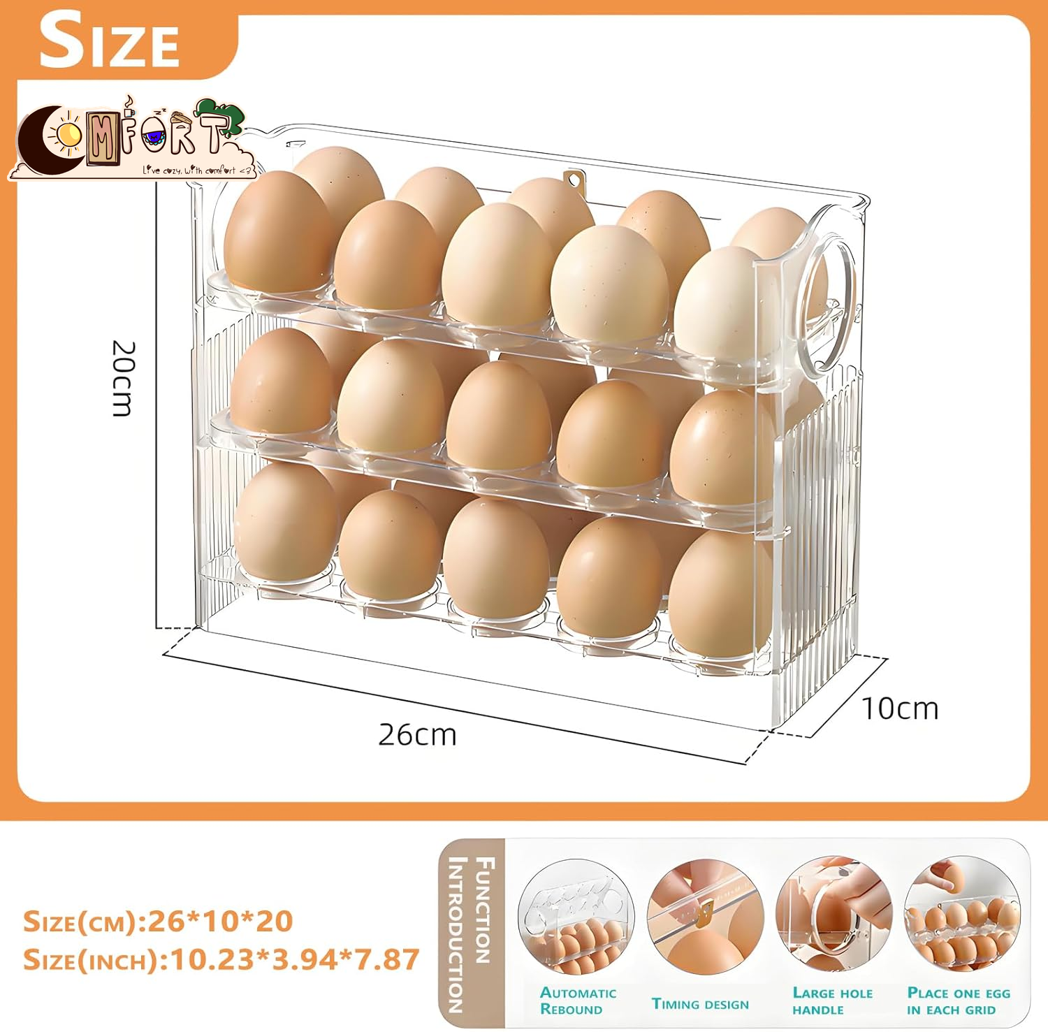 Egg Holder for Fridge, Holds 30 Eggs, 3-Tier Stackable Egg Organizer for Refrigerator with Date Tracker & One-Hand Access, Bpa-Free PET Egg Storage Container for Countertop or Fridge, Clear