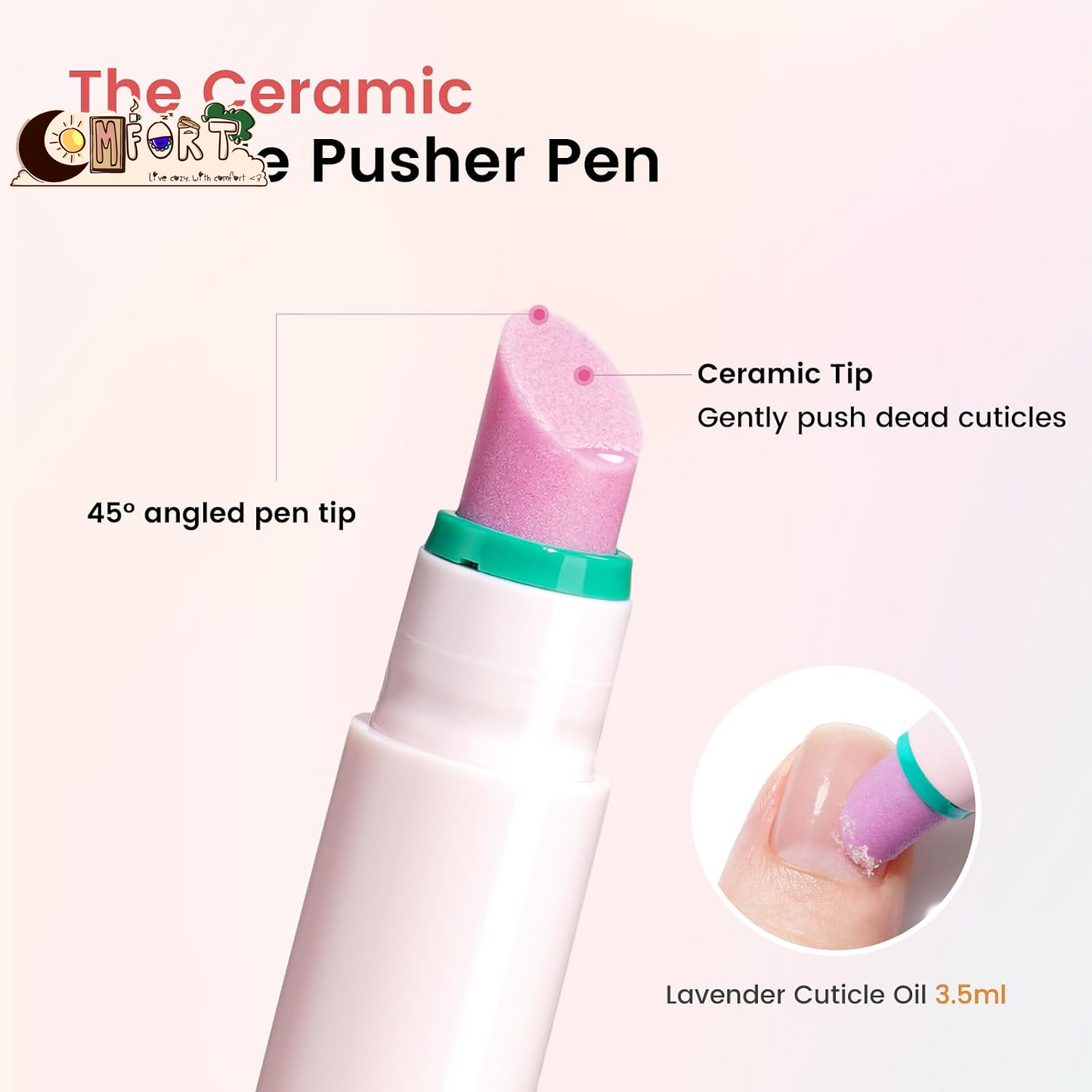 Cuticle Pusher Oil Pen for Nails, 3 in 1 Ceramic Cuticle Remover Care Kits | Nail Care Tool with Nail Clipper, Lavender, Jojoba, Sunflower Oils for Dry Damaged Cuticles, Growth and Strength