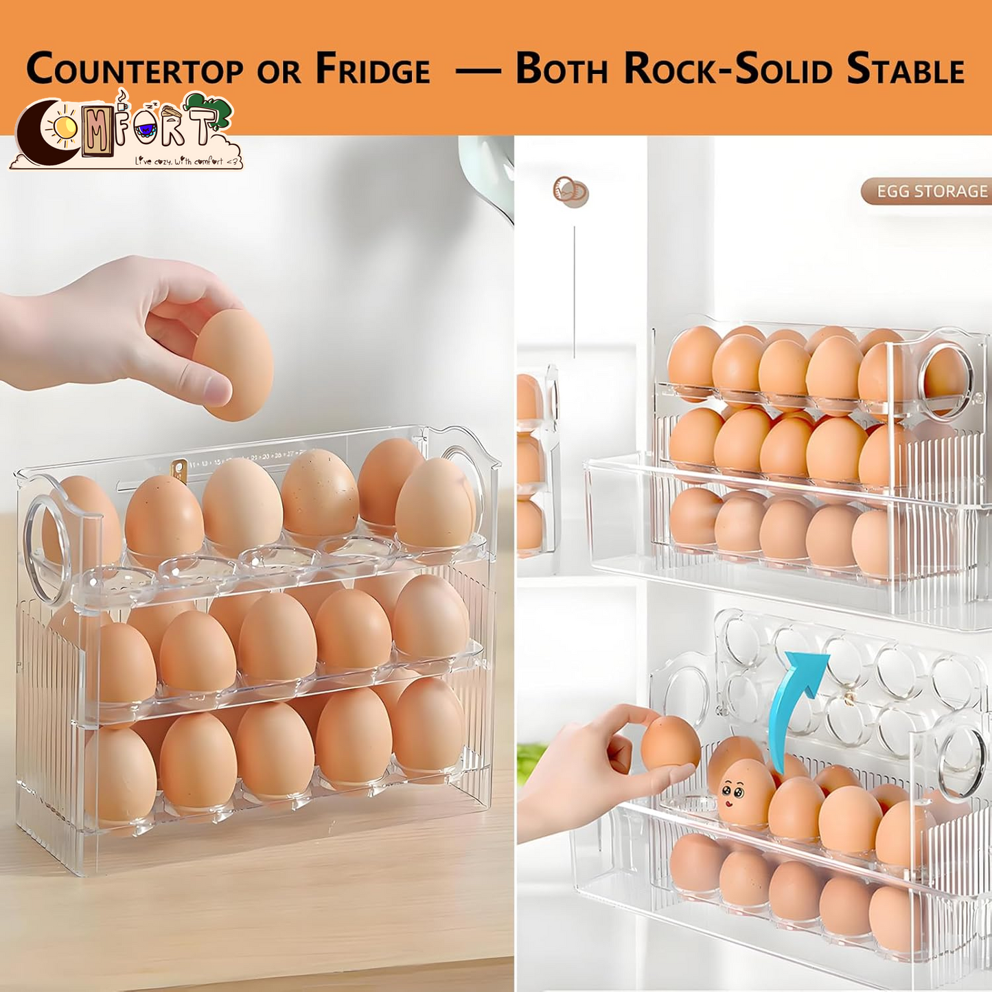 Egg Holder for Fridge, Holds 30 Eggs, 3-Tier Stackable Egg Organizer for Refrigerator with Date Tracker & One-Hand Access, Bpa-Free PET Egg Storage Container for Countertop or Fridge, Clear